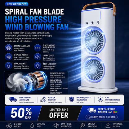 ArcticFlow™ Cooling Fan | 3-Nozzle Mist & Powerful Airflow