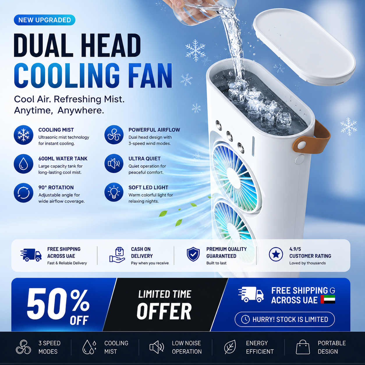 ArcticFlow™ Cooling Fan | 3-Nozzle Mist & Powerful Airflow