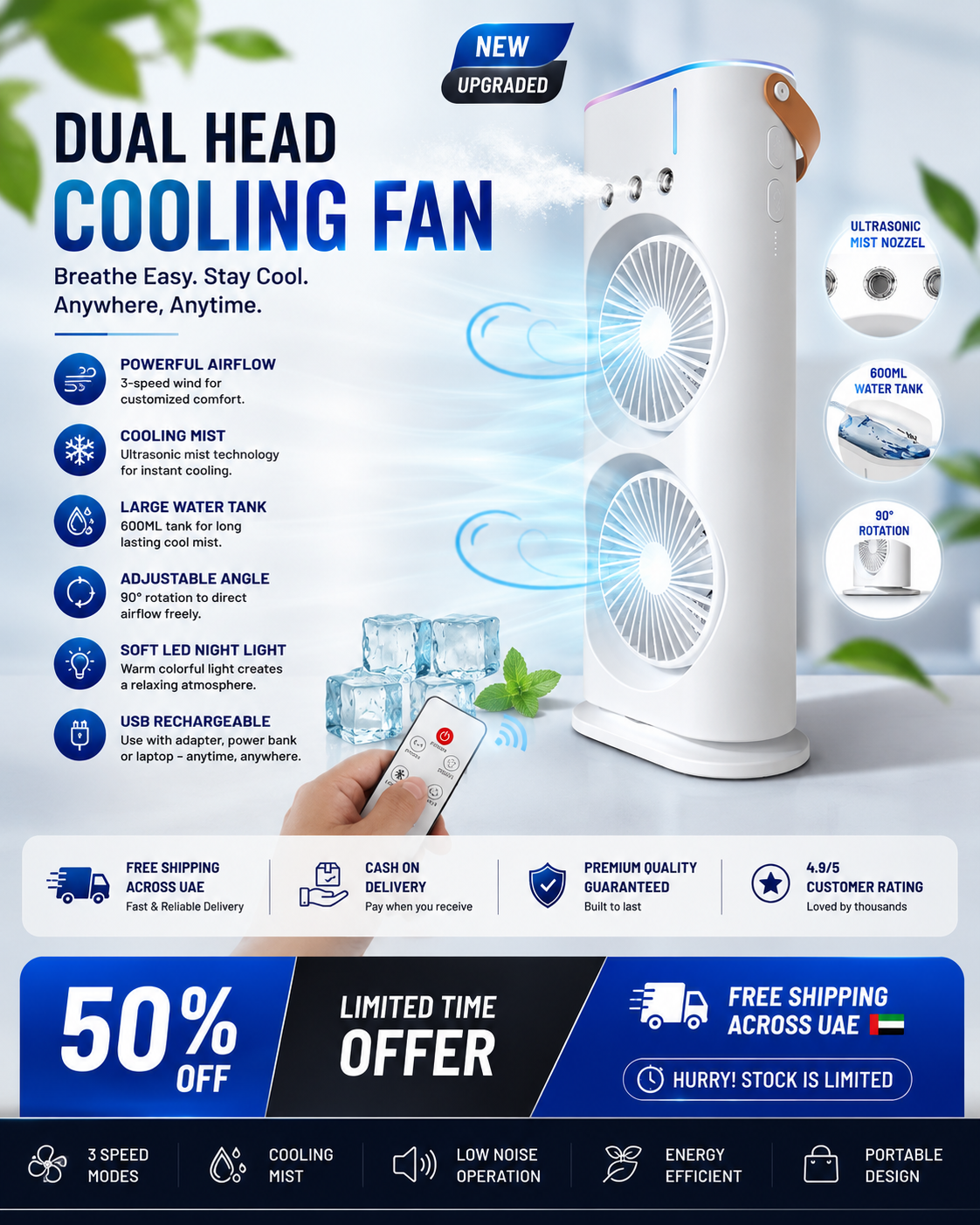 ArcticFlow™ Cooling Fan | 3-Nozzle Mist & Powerful Airflow
